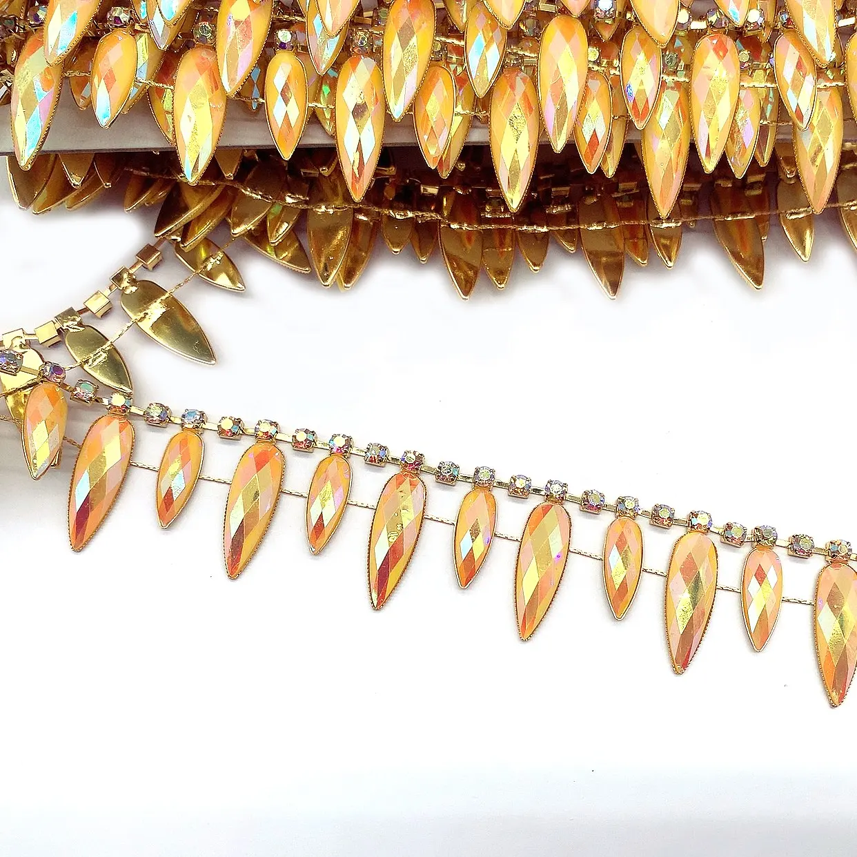 Fuban Garment fashion rhinestone tassel fringe trim rhinestone yellow ab resin chain trims For carnival