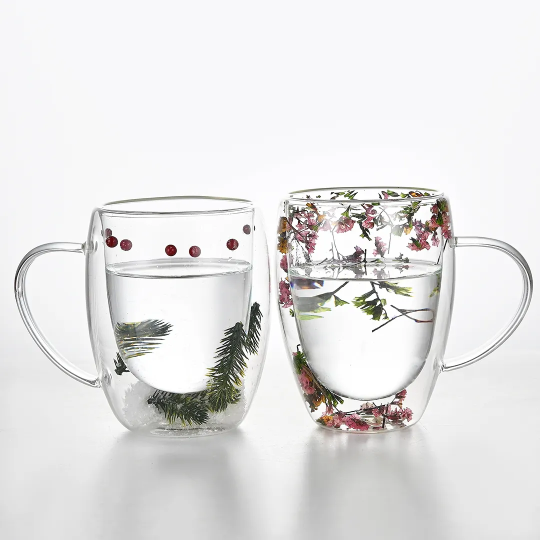 Real flower double-layer glass cup with high appearance value and creative home coffee cup with handle dried flower