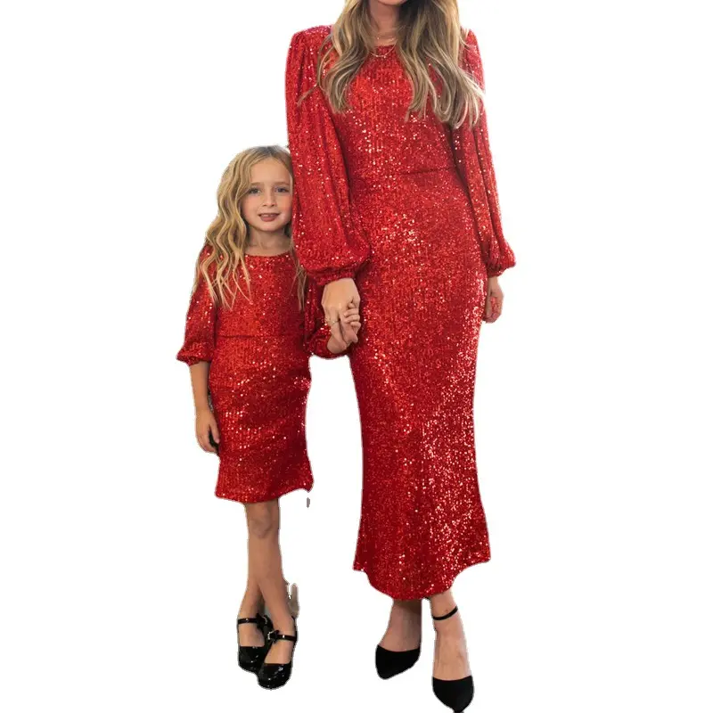 New girls party dress adult kids clothing red color sequin mother and daughter matching wedding christmas new year party dresses