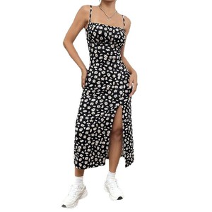 Robe pour femme à col licou, imprimé marguerites, fendue, printemps-été, décontractée, pour la plage et les vacances, coupe ajustée, silhouette fluide - Product Image 5