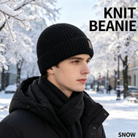 Nouveau bonnet en tricot doublé polaire pour homme, chaud et épais, avec revers côtelé, patch en cuir, pour homme et femme, idéal pour le froid