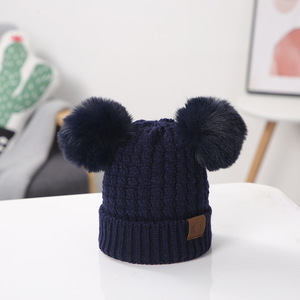 Custom Label Solid White Brown Warm Winter Kids Knitted Hat Single-cuff Cute Double <strong>Pom</strong> <strong>Pom</strong> Children Winter <strong>Beanie</strong> Hats - Product Image 2