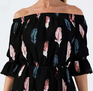 Women's <b>Off</b>-<b>the</b>-<b>Shoulder</b> Feather Print Casual Knee-Length A-Line Dress Flare Sleeves Natural Waist Summer Daily Wear - Product Image 1