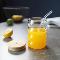 빨대가있는 골지 마시는 유리 컵 16oz 아이스 커피 잔 웨이브 버블 안경 텀블러 리플 유리 그릇 브러쉬