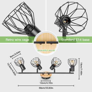 Spot de plafond <span class=keywords><strong>E14</strong></span> en gros, réglable, 4 têtes rotatives, <span class=keywords><strong>LED</strong></span> moderne, base en fer forgé noir et bois, pour maison, salon, magasin, intérieur - Product Image 6