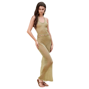 <span class=keywords><strong>2026</strong></span>新款沙滩风格女式长袍镂空碎花连衣裙夏季常规款挂脖女式无袖U领系带速干长款 - Product Image 1