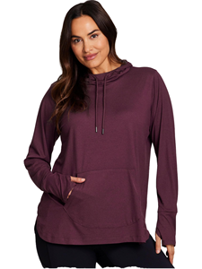 Women Burgundy Lightweight Hooded Pullover Casual <b>Mock</b> <b>Neck</b> Athletic <b>Top</b> Long Sleeve Performance Sweatshirt - Product Image 1