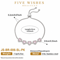 Bracelet en acier inoxydable 316L JinSpark 'Five Wishes' avec zircon en forme de cœur, plaqué or 18 carats, réglable, étanche, pour femmes