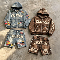 YUMUu Erkek Kot Fermuarlı Kapüşonlu Üst ve Yıpranmış Şort Takımı Patchwork Nakışlı Yıkanmış Sokak Giysisi Özel Logo OEM ODM Toptan Satış