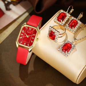 2024 New Casual Fashionable Leather <strong>Women's</strong> Business Square Quartz <strong>Watch</strong> Glass Pointer Korean Version Rhinestone Jewelry <strong>Set</strong> - Product Image 4