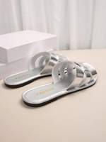 Sandales plates à découpes en argent métallisé pour femmes, style décontracté d'été, tongs de plage, logo personnalisé disponible