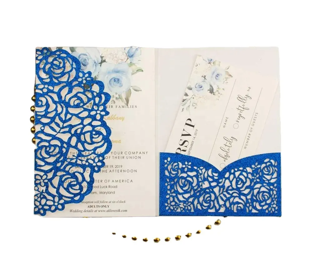 Elegante dunkelblaue Glitzer pulver tasche Hochzeits einladung karte Laser geschnittene dreifache Einladungen Gruß geschenk karten Party dekor