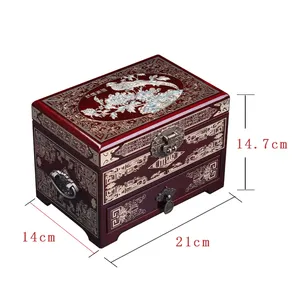Yüksek kaliteli el-boyalı geleneksel lacquerware ahşap takı kutuları düğün hediyesi yüksek kapasiteli çin ahşap mücevher kutusu