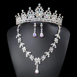 Ensemble de bijoux de mariée en cristal 3 pièces/ensemble : diadèmes et couronnes, boucles d'oreilles, collier pour femmes, accessoires de cheveux de mariage en strass, couronne - Product Image 1