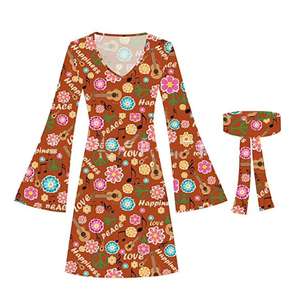 Women's Retro <strong>70s</strong> Cat-Themed Hippie Dress O Neck Flare Sleeve Cotton <strong>Plus</strong> Headscarf Disco <strong>Outfit</strong> 60s Party Cosplay Costume - Product Image 3