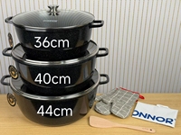 Ensemble de batterie de cuisine élégant pour table à manger, casseroles et faitouts en granit antiadhésif à fond double couche avec couvercle en verre, 36, 40, 44 cm, pour usage en boîte