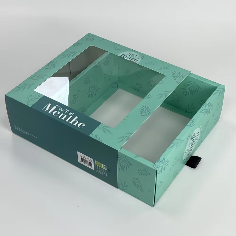 Customized Logo Printed Cardboard Paper Packaging Gift Boxes Clear Lid Drawer Boxes Coffee Packing Pull Out Transparent Lid