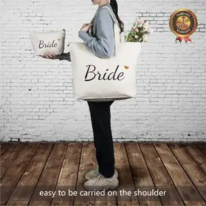 Bride Tote Bag With Makeup Bag Gifts For Engagement Bridal Shower Bachelorette Wedding Party Canvas White Bag