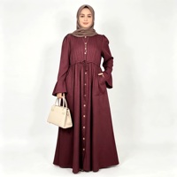 Robe Abaya Bourgogne pour Femme, Boutonnée sur le Devant, Plissée, Tenue Modeste, Vêtement Musulman Islamique, Longueur au Sol, Couverture Complète