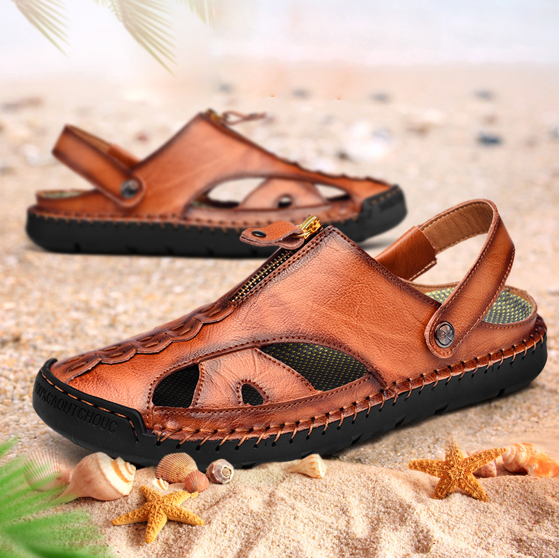 Мужские пляжные сандалии без шнуровки, кожаные прочные сандалии ручной работы, Нескользящие, для прогулок и пляжа