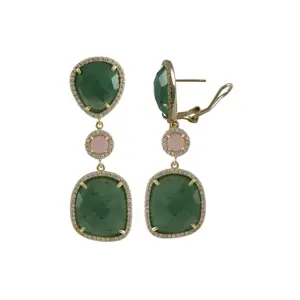 925 Sterling Silver Prong Setting Green Onyx Gemstone Stud Earring Women Fashion Long Drop Earring Jewelry