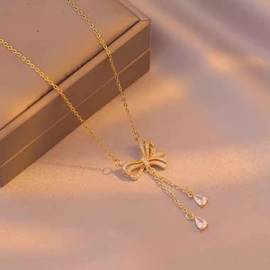 Bow Pendant <b>Titanium</b> Steel <b>Necklace</b> Gold Color Zircon Clavicle Chain For Women Gift Fashion Jewelry - Product Image 3