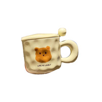 Ensemble de tasses en céramique Kawaii Bear, style girly, poignée irrégulière et dodue, 400 ml, passe au lave-vaisselle et au micro-ondes, avec couvercle et cuillère pour café/lait