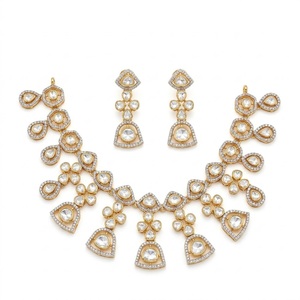 Traditional Kundan 925 <b>Silver</b> Necklace Gold Bridal Jewelry with Earrings Pear Cut Bezel Setting Womens Wedding Jewelry - Product Image 1