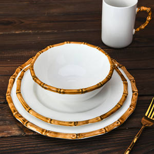 <span class=keywords><strong>Assiettes</strong></span> à dîner <span class=keywords><strong>en</strong></span> céramique de style rétro avec bord <span class=keywords><strong>en</strong></span> <span class=keywords><strong>bambou</strong></span>, <span class=keywords><strong>en</strong></span> porcelaine blanche, ensembles d'<span class=keywords><strong>assiettes</strong></span> et de bols pour mariage, vaisselle végétarienne - Product Image 2