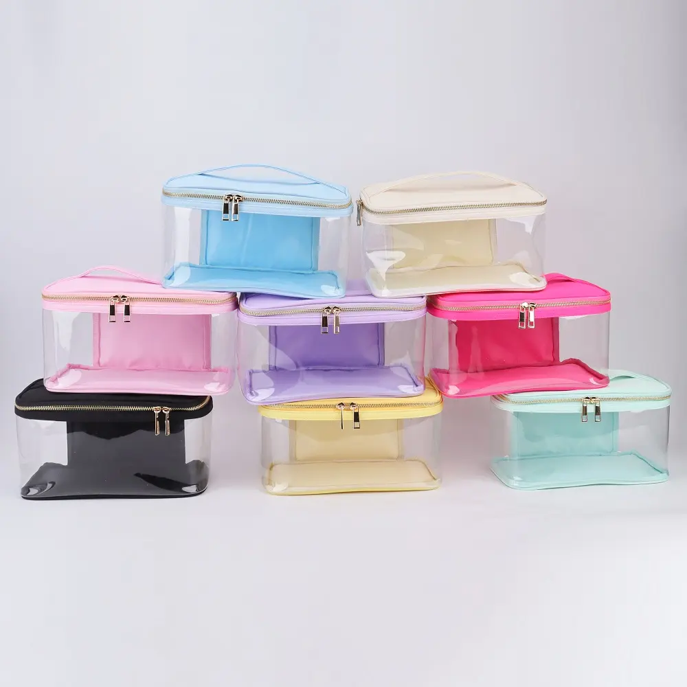 Cute See Through Cosmetic Bag Organizer Plastic Transparent Pouch With Handle Women Clear Pvc Beauty Beach Train Case Makeup Bag
