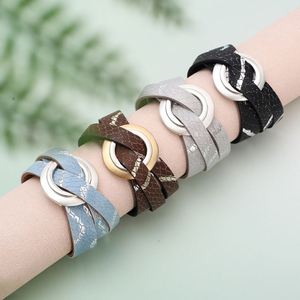 Two-tone <b>Leather</b> <b>Bracelet</b> Influencer Choice Item Diamond Cut Finish Holiday Gift for Women Lustrous Metal Shine - Product Image 4