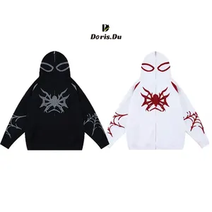 Otoño Individual Halloween Fullzip bordado Spider Web estampado gráfico personalizado cara completa Zip Up sudaderas con capucha y sudaderas para hombres