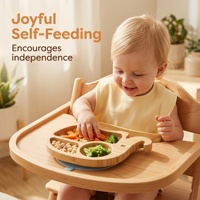 Assiette pour enfants en bambou naturel en forme d'éléphant à 3 compartiments avec base d'aspiration en silicone bleu clair, plateau d'alimentation pour enfants