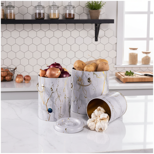Kontensan Triple Metal Bin Set for Potato Onion and Garlic (3 Pcs) Marble White Design - Product Image 3