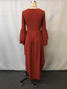 เดรสผู้หญิงสีสนิมแบบไฮโลว์ - แขนเสื้อเป็นชั้น คอวี ทรงพลิ้วไหว ความยาวปานกลาง แฟชั่นชุดเดรสผู้หญิง - Product Image 4