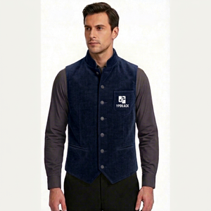 Chaleco de pana para hombre con cuello mandarín, cierre de botones y manga larga - Product Image 1