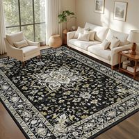 Tapis vintage bohème floral 8x10 noir et or, doux, résistant aux taches, lavable, antidérapant, pour salle à manger, chambre d'enfant, couloir, décoration intérieure