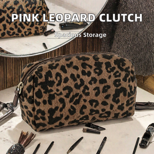 Bolsa de Cosméticos Acolchada con Estampado de Leopardo, Bolsa de Maquillaje Peluda, Estuche de Aseo de Gran Capacidad, Bolsa de Almacenamiento Portátil para Viajes - Product Image 2