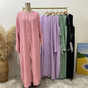 1446+6595# New Popular 2 PCS <b>Set</b> Crepe Split Lace up Sleeves White Line Abaya Match Loose Sleeveless Inner Dress Abaya Dress - Product Image 5