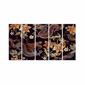 Ensemble de 5 panneaux décoratifs muraux modernes à motifs asiatiques, imprimés de dragons et de fleurs, style Art Déco, sur toile - Product Image 2
