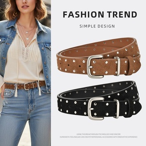 <span class=keywords><strong>Ceinture</strong></span> en cuir véritable fendu pour <span class=keywords><strong>femme</strong></span>, style vintage punk, avec boucle à rivets double rangée en alliage, pour jeans décoratifs – Vente en gros - Product Image 6