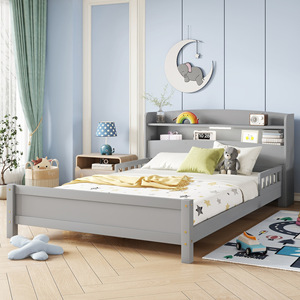 เตียงเด็กไม้เนื้อแข็งสีเทาพร้อมชั้นวางหนังสือในตัว ขนาด 120x200 ซม. - Product Image 1