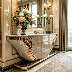 Buffet en fibre de verre noir mat avec incrustation irrégulière en bloc de pierre ardoise dorée, meuble de rangement mixte avec <span class=keywords><strong>tiroirs</strong></span> pour entrée de villa et usage domestique - Product Image 5