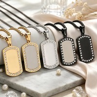Collier pendentif plaque rectangulaire vierge en acier inoxydable avec bordure ornée de strass, style Hip Hop Punk, bijou pour homme, cadeau