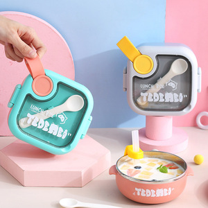 TedeMei Bol alimentaire carré en plastique à un seul niveau pour enfants, ensemble de <span class=keywords><strong>vaisselle</strong></span> pour bébé, boîte à lunch isotherme portable - Product Image 1