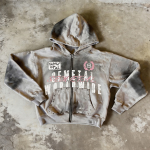 Custom Graphic Rhinestone Zip Hoodie Premium French Terry Cropped Zip up Hoodies Men Oversized Acid Wash Distressed Hoodie - Product Image 1