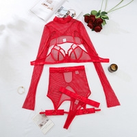 Nouvel ensemble de lingerie sexy pour femme en résille rouge transparente avec soutien-gorge à armatures et haut à manches longues, et sous-vêtements érotiques pour la vente en gros B2B