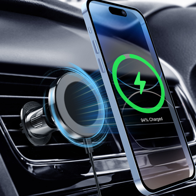 15W Magnetic Wireless Car Charger Air Vent Phone Mount with Retractable Metal Hook for 4-7 Inch Phones
