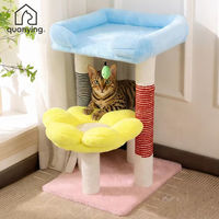 Mobilier pour chat compact à deux niveaux, avec maisonnette pour chat à motif floral, arbre d'activités multi-niveaux et griffoir en sisal, idéal pour chatons et gain de place