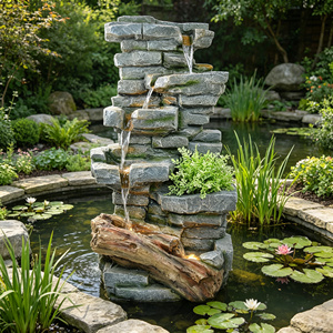 Fuente de agua de roca apilada con base de tronco de árbol, jardinera para plantas, decoración de jardín exterior al por mayor - Product Image 1